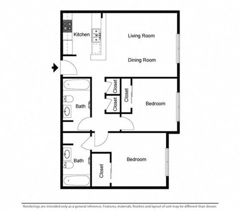 Floor plan for 2 beds, 2 baths, 800 sqft